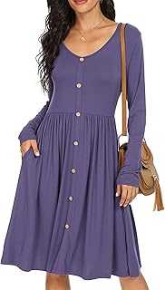 GRECERELLE Womens Long Sleeve Casual Plain Swing Dresses Button Down A-Line Midi Short T-Shirt Dress with Pockets