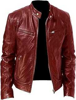 Men Faux Leather Zip Up Jacket Stand Collar Leather Motorcycle Jacket Lightweight Bomber Outwear PU Coat (S,Red), Red