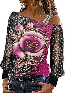 Women Off Shoulder Blouse Fashion Women Sexy Casual Printed Shoulder Blouse Long Sleeve Top Glitter