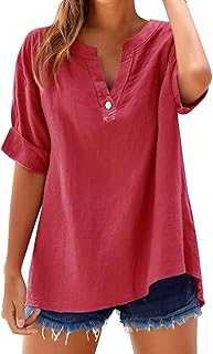 TEPTDirio T Shirts Women Cotton Linen Button up Womens Black T Shirt Plus Size Elegant Cotton Rolled Short Sleeve Floral Shirts Black Tshirt Womens Cheesecloth Tops Travel Essentials