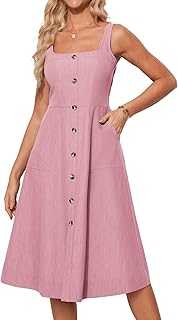 GRACE KARIN Women's Dresses Square Neck Sleeveless Strappy Dress Casual Loose Swing Midi Dress with Button Front