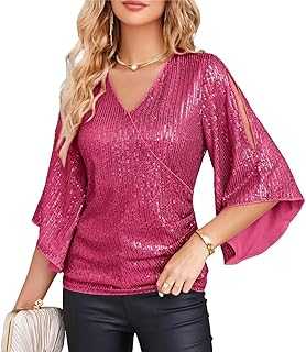 Women's Sequin Tops 3/4 Sleeve Glitter Sparkly Party Blouse Wraped V-Neck Fall Going Out Shirt