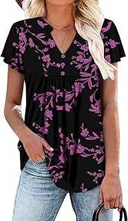CHICZONE Women's Tunic Tops Summer Short Sleeve Pleated V Neck Button Down Shirts for Leggings