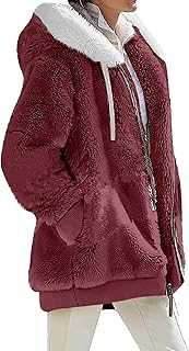 OMZIN Women's Casual Double Fuzzy Fluffy Hoodie Solid Color Warm Stylish Zip Jacket with Pockets