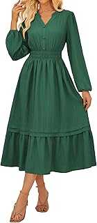 GRACE KARIN Women Long Sleeve Maxi Casual A-Line Dress Henley V-Neck Vintage Flowy Crinkled Dresses with Pockets, Lining