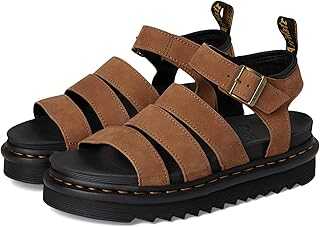 Dr. Martens Platform Sandals with Straps, Light Brown Leather, Black Thick Sole, Adjustable Buckle