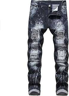 Men's Distressed Slim Fit Biker Jeans Ripped Straight Camo Patchwork Denim Pants Super Comfy Stretch Skinny Motorcycle Jean