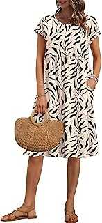 AUSELILY Women's Summer Short Sleeve Knee-Length Dresses Round Neck Loose Dress with Pockets