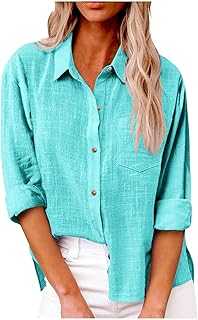 HSUAYEUD Womens Tops Dressy Casual UK Button Down Cotton Linen Shirts Work Office Women Blouse and Shirts Long Sleeve Lapel Blouses Loose Fit Ladies Tops
