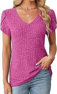 Gemulate Tops for Women UK Ladies V Neck Short Sleeve Tops Casual Ribbed Lightweight Summer Tunic Top T Shirt Blouses S-2XL