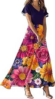 Womens Summer Dresses V-Neck Ruffle Sleeve Floral Print Flowy Long Midi Boho Dresses for Women UK