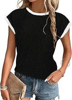 Flikity Women's Short Sleeve T Shirts Crewneck Color Block Ribbed Knit Tee Blouses 2025 Trendy Summer Tops