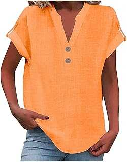 Summer Tops for Women Uk Cap Sleeve Cotton Linen V Neck T Shirts Solid Color Plus Size Linen Tops for Women Fashion Casual Short Sleeve Women's T-Shirts Baggy Plain Women's Blouses & Shirts Sale