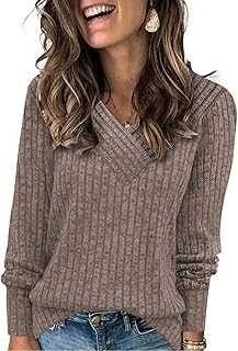 Famulily Women's Long Sleeve Tops Lightweight Soft Casual Ladies V Neck Jumpers Loose Fit