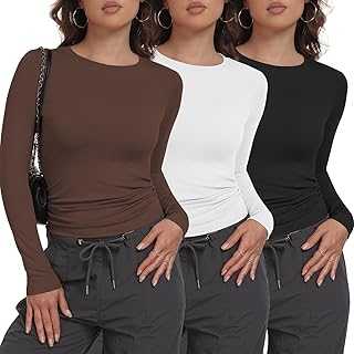 miijoory 3/5 Pack Womens Long Sleeve T Shirts Crew Neck Basic Skim Fitted Y2K Tops Crop Top Casual Going Out Fashion Stretchy Clothes