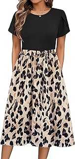 Zeagoo Summer Dresses for Women UK Short Sleeve Crew Neck Sundress Casual Floral Wrap Waist Dress Swing Beach Midi Dresses with Pockets