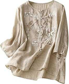 Women Tops Summer Half Sleeve Vintage Embroidery Tshrit Button Up Loose Summer Blouse Cotton Linen Summer Sweatshrit Work Tunic Women'S T-Shirts Casual Women'S Shirts Clearance Womens Clothing
