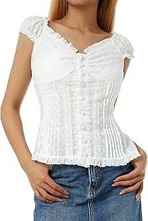 Women Y2K Ruffle Top Casual Solid Color V Neck Cap Sleeve Button Down Slim Fit Frill Shirts Summer Fairy Grunge Babydoll Blouse