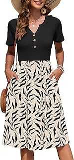 AUSELILY Women's Summer Short Sleeve Dresses with Midi Empire Causal V Neck Pleated Dress with Pockets