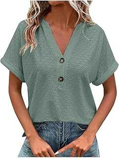 Womens Tops Summer Babydoll Short Sleeve Shirts Casual Button V Neck T Shirts Hollow Out Eyelet Tunic Blouse Loose Fit Tees Shirt Fall Trendy Dressy Pullover Y2K Going Out Tops
