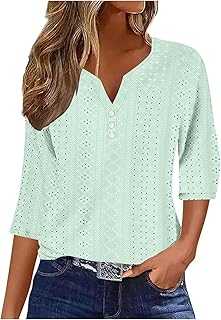 Women Tops 3/4 Sleeve Blouses V Neck Button Up Ladies Shirts Solid Color Pullover Tunic Slim Sexy Dressy Blouses for Women UK Clearance Casual Trendy Ladies T Shirts Elegant Lightweight Clothes