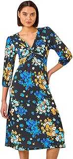Roman Originals Fit and Flare Dress for Women Ladies Chest Knot Ruched Tea Skater Empire Waist V-Neck Formal Occasion Wedding Guest Smart Casual Swing Midi Knee Length