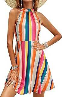 OUGES Women's Sleeveless Halter Neck Summer Dress Casual Cotton Sundress