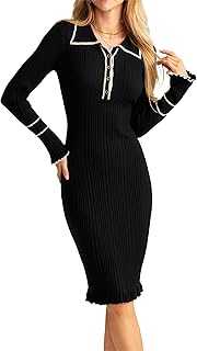 GRACE KARIN Women's Long Sleeve Sweater Dress Elegant Slim Fit V Neck Bodycon Pencil Knit Dress