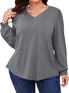 TFSDOD Plus Size Tops for Women Long Sleeve V Neck Shirts Dressy Casual Blouse Loose Fit Basic Tee Tshirt(1X-5X)