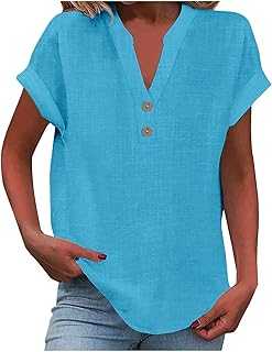 White Tops for Women UK V Neck Button Up Loose Tshirt Solid Color Ladies T Shirt Cotton Linen Pullover Tunic Blouses Daily Women’S Tops Activewear Womens Long Sleeve Tops Casual Womens Tshirt