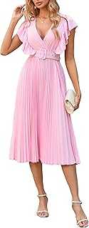 VERWIN Ruffle Sleeve Womens' Midi Dress Sleeveless Pleated Plain Belted Dress V Neck Casual Party Cocktail Evening Dress