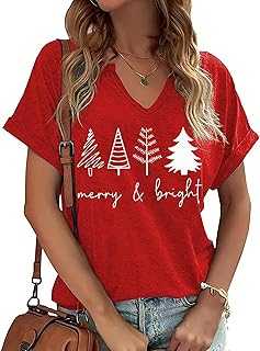 Christmas Shirts Women Merry Christmas Letter T-Shirt Christmas Graphic Shirt Xmas Holiday Casual V Neck Short Sleeve Tops