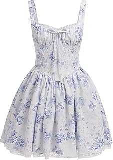 Odizli Women Summer Sexy Spaghetti Strap Boho Floral Ruffle Corset Mini Dresses