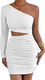 Womens One Shoulder Bodycon Mini Dress One Sleeve Ruched Cutout Sexy Short Dress for Club Party Date Nights