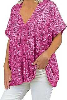 Women Plus Size Glitter Sequin Blingbling V Neck Short Sleeve Loose Top Trumpet Sleeve Tops