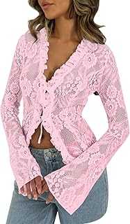 V Neck T Shirts Women 's Lace Crop Tops Long Sleeve Tie Up Front Solid Color Slim Fit T Shirts See Through Blouses Long Sleeve Stretch Top Womens Casual Top