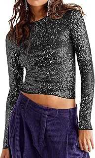 FeMereina Women Long Sleeve Sequin Tops Party Shimmer Embellished Crew Neck Sparkle Glitter Slim Fit Crop Top Blouse