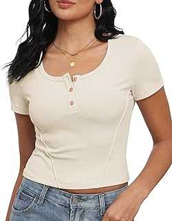 GRECERELLE Crop Summer Tops for Women Girl Henley Collar Crew Neck Casual T Shirts with Buttons, Waist Trimming