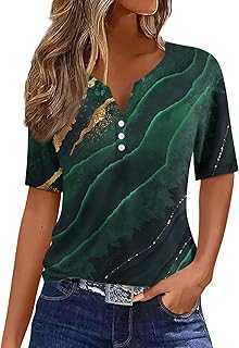 HSUAYEUD Tops for Women UK 2024 Casual Summer Tops Printed Short Sleeve Tops V-Neck Button Blouse and Shirts Loose Fit T-Shirts