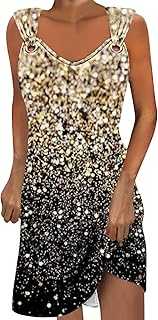 AMhomely Sparkling Dress for Women Party Ladies Sleeveless Summer Dresses V Neck Sequins Print Casual Beach Dress Midi Length Shift Dress Baggy Pullover Dress Going Out Dress （Not Sequin）