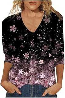 Women's Floral Print Three-Quarter Sleeve Thin V Neck Casual Temperament Glitter Top