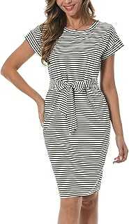 PCEAIIH Women's Summer Striped Short Sleeve T Shirt Dress Casual Tie Waist Dress with Pockets