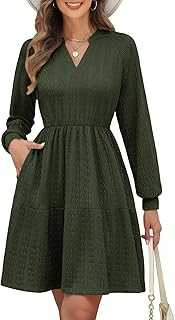 Women's Long Sleeve Knit Dress V-Neck Elastic Waist Midi Dresses A Line Flowy Chiffon Babydoll Tunic Jumper Dresses Knee Length Spring Autumn Dresses Casual Party Holiday