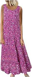 KUIH Women's Summer Dress Sleeveless Maxi Sundress Floral Dresses Smocked Long Dress Women Round Neck Boho Beach Swing Dresses Plus Size Vacation Holiday Clothes