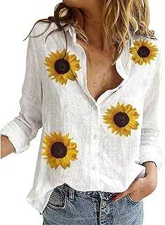 VEMOW Women's Blouse Vintage Floral Print Button Down Shirts Lapel V Neck Roll Up Sleeve Casual Shirts Lightweight Loose Dressy Trendy Blouse Work Office Shirt Tunic Tops