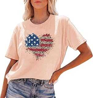 NNGOTD Summer Blouses for Women, Independence Day Love Flag Print Short Sleeve T Shirt Woman Inner Wear Skirt Layer Ladies Baggy Plus Size Casual T Shirt