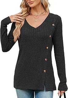 Akiooue Womens V Neck Jumpers Casual Long Sleeve Tops Lightweight Knit Jumper Tunic with Button Front