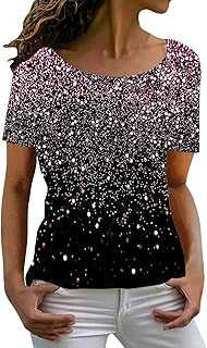 Women's T-Shirt with Glitter Large Sizes | Top Glitter Women's Short Sleeve | Sequin Shirt Festive Blouse Shirt Crew Neck Shirt Blouse Casual Top Loose Sweatshirt Carnival Clubwear Glitter Top