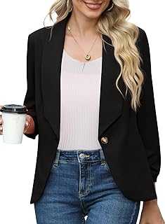 PrinStory Womens Blazer Suit Open Front Cardigan 3/4 Ruched Sleeve Casual Work Office Blazer Jacket for Ladies