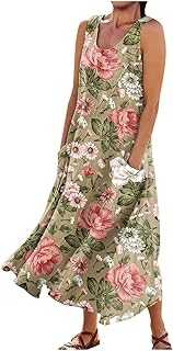 Lxitoler Beach Party Sundress Women Bohemian Flowy Long Dress Beach Cover Up Vintage Print Swing Dress Summer Sleeveless Dress with Pocket